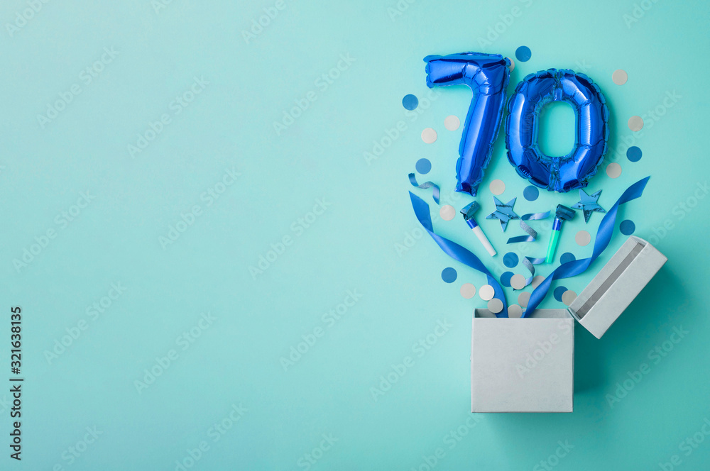 Number 70 birthday balloon celebration gift box lay flat explosion - obrazy, fototapety, plakaty 