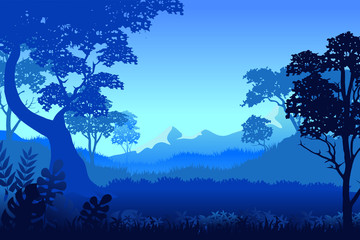 vector blue landscape misty forest with silhouettes of trees, bushes, thickets, hill and mountain