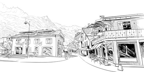 Chamonix Mont Blanc. France. Hand drawn sketch. Vector illustration.