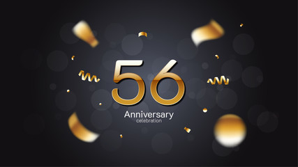 56th anniversary celebration Gold numbers editable vector EPS 10 shadow and sparkling confetti with bokeh light black background. modern elegant design for wedding party or company event decoration