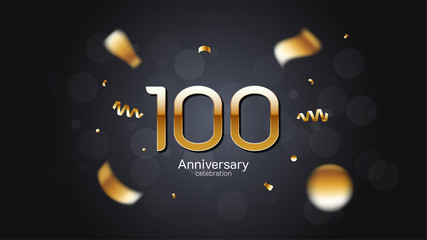  100th anniversary celebration Gold numbers editable vector EPS 10 shadow and sparkling confetti with bokeh light black background. modern elegant design for wedding party or company event decoration