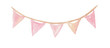 Watercolor cute pink triangle flags garland for holiday and birthday party isolated on white background. Banner for baby shower invitations and cards