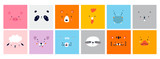Fototapeta Fototapety na ścianę do pokoju dziecięcego - Big Set of Various Cute Animal faces without outline. Funny cartoon Muzzles. Colorful Hand drawn Vector square illustrations. All elements are isolated
