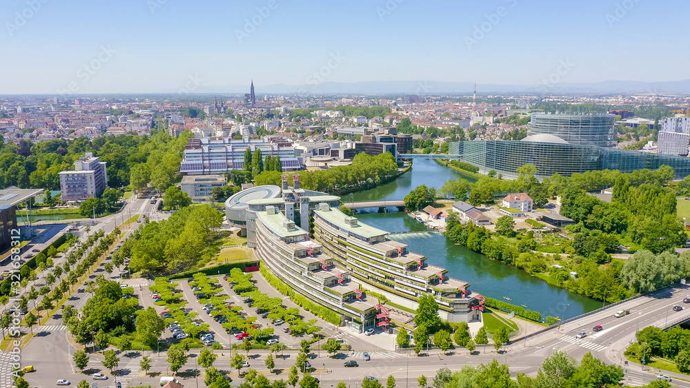 Strasbourg, France. The complex of buildings is the European Parliament, the European Court of Human Rights, the Palace of Europe, Aerial View - obrazy, fototapety, plakaty 