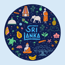 Round Sticker With The Main Attractions And Symbols Of Sri Lanka. Bright Vector Illustration On A Dark Background With Lettering. Stylized Map Of The Country. Printable Template.