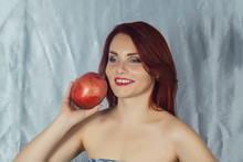 Series Of Photos Portrait Of A Young Beautiful Sexy Girl With Pomegranate