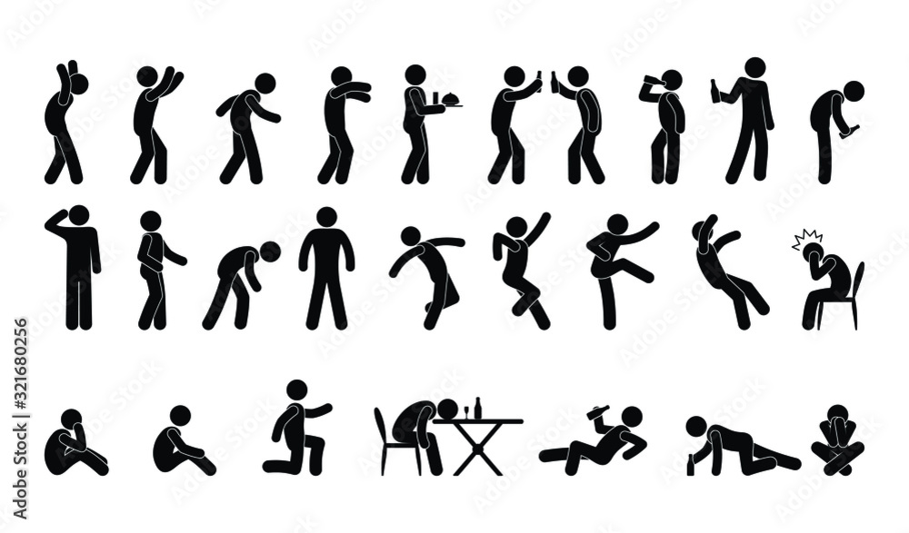 People In Various Poses, Stick Figure Man Icon, Isolated Silhouettes