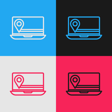 Color line Laptop with location marker icon isolated on color background. Vintage style drawing. Vector Illustration