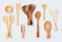Wooden Kitchen Utensils Collection On White Background. Cooking Or Baking Mock Up For Design.
