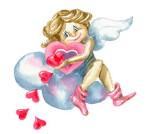 An Angel With A Heart Sits On A Cloud. Watercolor Illustration