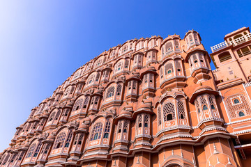 Hawa Mahal, Jaipur, Rajasthan, India, a five-tier harem wing of the palace complex of the Maharaja of Jaipur, built of pink sandstone in the form of the crown of Krishna, Palace of the Winds