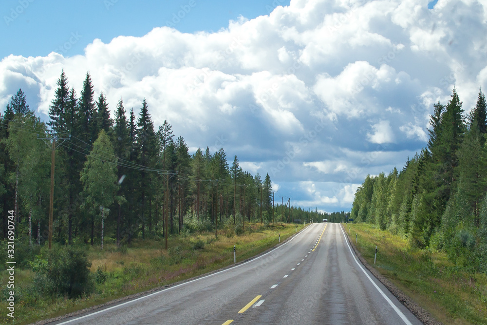 Finland. View of a scenic road passing through a forest. Beautiful Scandinavian landscape.