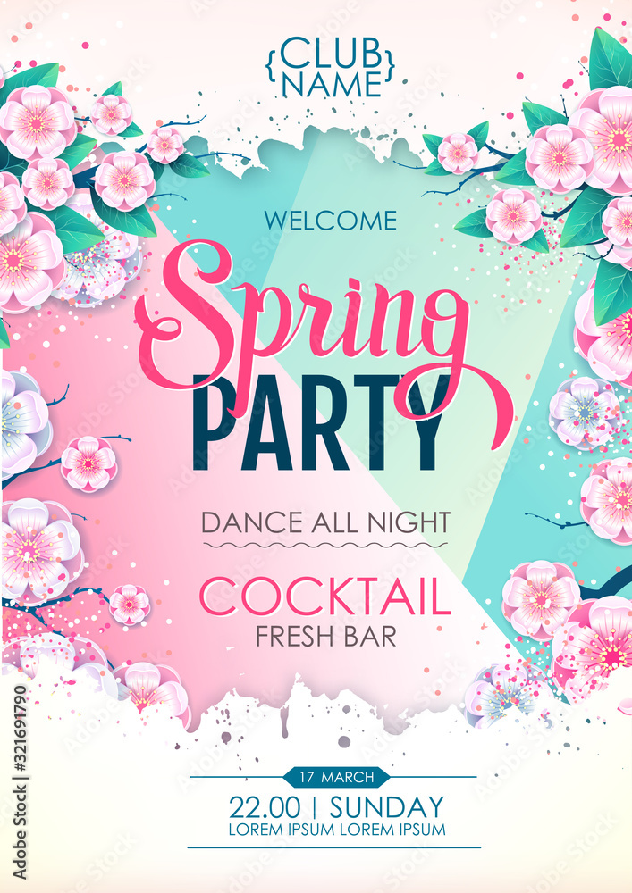 Spring party poster with full blossom flowers. Spring flowers background - obrazy, fototapety, plakaty 