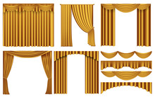Golden Luxury Curtains And Draperies Interior Decoration. Set Of Realistic Luxury Curtains Of Gold Fabric On Cornices. Elegance Gold Curtain. Collection Of Gold Satin Curtain For The Theater Scene