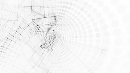 Aufkleber - Abstract white and black background element. Fractal graphics 3d illustration. Wide format composition of grid cells and circles. Information technology concept.