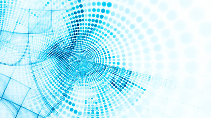 Poster - Abstract blue and white background element. Fractal graphics 3d illustration. Wide format composition of grid cells and circles. Information technology concept.