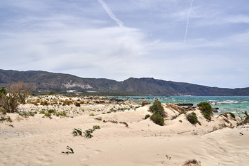 Elafonissi beach on Crete island with azure clear water, Greece, Europe. Crete is the largest and most populous of the Greek islands.