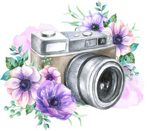 Watercolor Vintage Retro Cameras With Flowers.