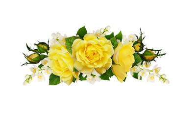 Twigs of Jasmine flowers and yellow roses in a floral arrangement