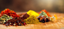 Spices. Various Indian Spices Colorful Background. Spice And Herbs Backdrop. Assortment Of Seasonings, Condiments. Cooking Ingredients, Flavor