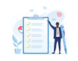 Fulfilment of business tasks concept with a businessman holding a large pen standing alongside a clipboard with a to do list where all tasks have been ticked off as being complete, vector illustration