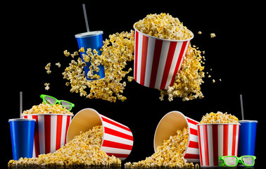 Canvas Print - Set of paper striped buckets with popcorn and blue cups isolated on black