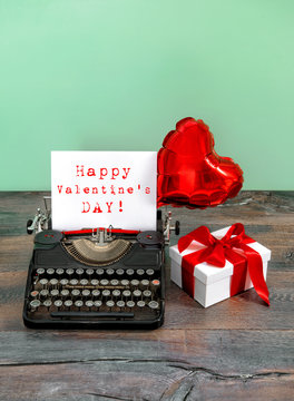 Typewriter with heart balloon gift box Happy Valentines Day