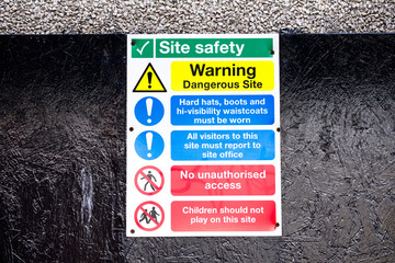 Wall Mural - Construction site health and safety message rules sign board signage on boundary wall entrance