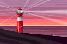 A Red And White Lighthouse At Sea At Dusk Vector Illustration