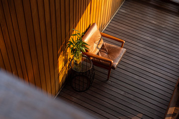 Modern arm-chair and a vase of plant.