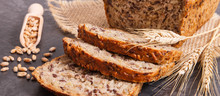 Fresh Wholegrain Bread For Breakfast And Ears Of Rye Or Wheat Grain