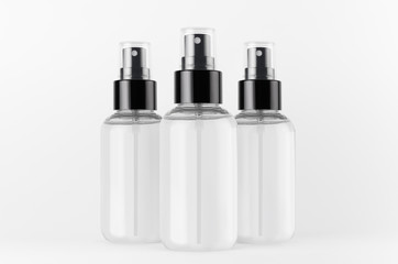 Wall Mural - Transparent spray bottles for cosmetics product with transparent liquid on white background, mock up for branding, advertising, presentation, design.