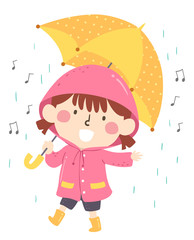 Sticker - Kid Girl Sing Rain Song Illustration