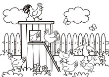 Henhouse And Poultry In The Backyard, Coloring Book For Children, Vector Illustration