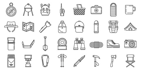 Poster - hiking mountain icons set. outline set of hiking mountain vector icons for web design isolated on wh
