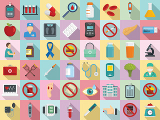 Poster - Diabetes icons set. Flat set of diabetes vector icons for web design