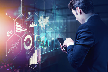 Poster - Businessman with smartphone, futuristic interface