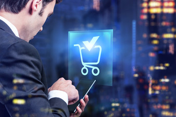 Poster - Man with phone in city, online shopping interface