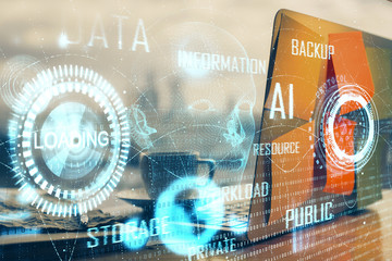 Poster - Double exposure of laptop computer and technology theme hologram. Concept of freelance work.
