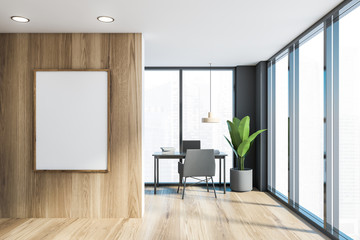 Poster - Gray and wooden home office with poster