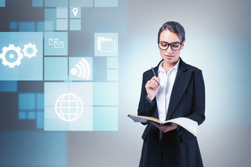 Poster - Smart young woman with notebook, big data icons