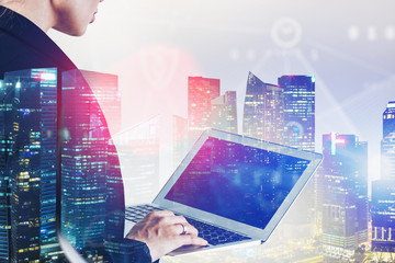 Poster - Young woman with laptop in smart city