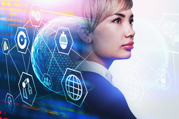 Poster - Asian businesswoman, immersive network interface