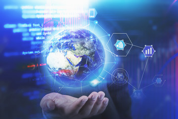 Poster - Man hand holding Earth with network interface