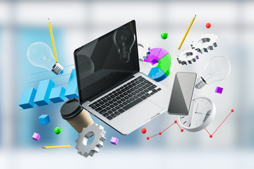 Poster - Office work and education, laptop, business items