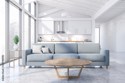 Attic white living room and kitchen interior Poster Mural XXL