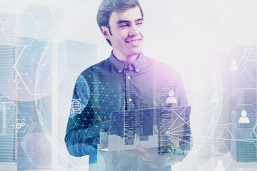 Poster - Man with laptop in city, social network interface