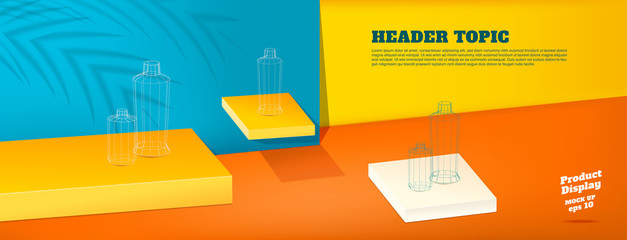 Aufkleber - Summer studio table with product display block background.vivid yellow orange and blue with palm leaf shadow and hard light room for display of product.mockup banner for advertising online