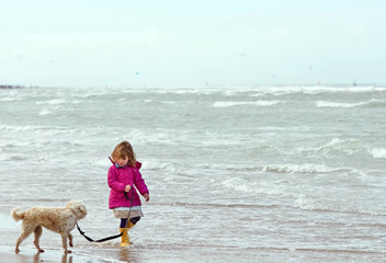 Wall Mural - Portrait of a pretty little girl walking on the beach with her little dog