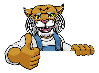 a wildcat cartoon animal mascot gardener, carpenter, handyman, decorator or builder construction wor